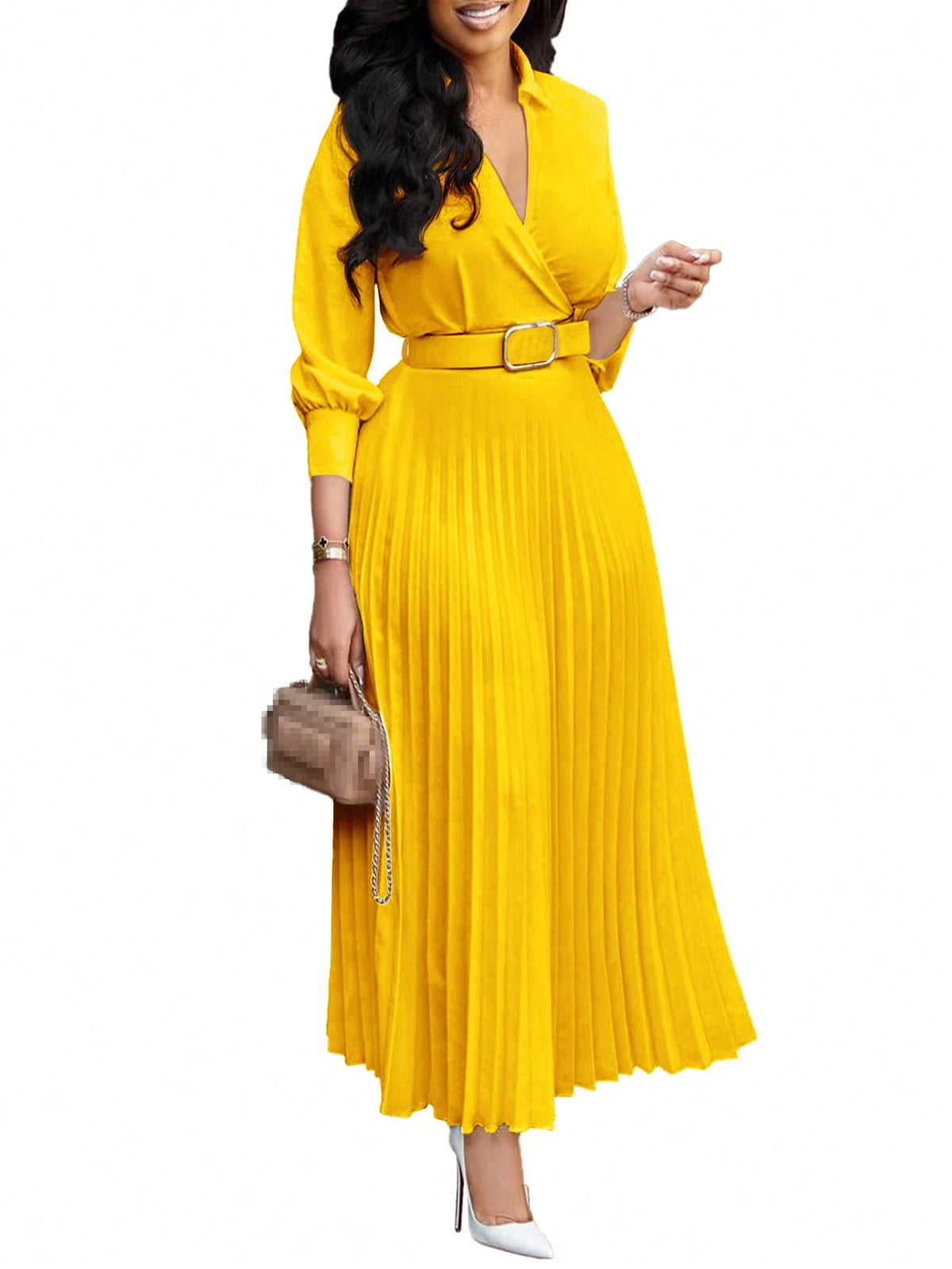 Women's V-Neck Midi Dress – Casual Loose Puff Sleeve Empire Waist Dress