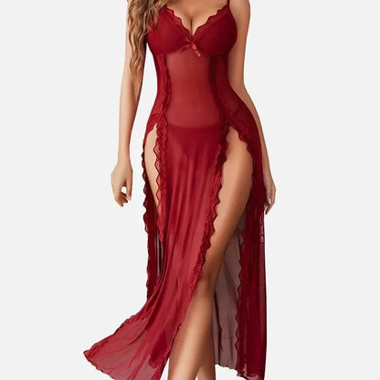 Women's Lace Mesh Nightgown & Thong Set – Spaghetti Strap Split Hem Lingerie Sleepwear