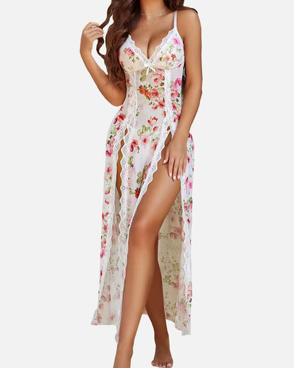 Women's Lace Mesh Nightgown & Thong Set – Spaghetti Strap Split Hem Lingerie Sleepwear