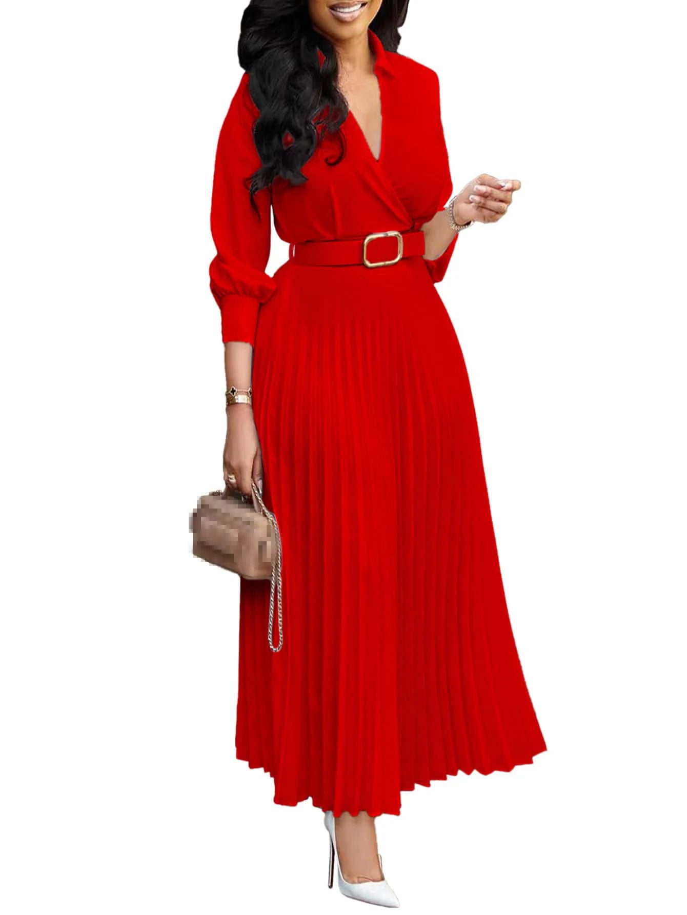 Women's V-Neck Midi Dress – Casual Loose Puff Sleeve Empire Waist Dress