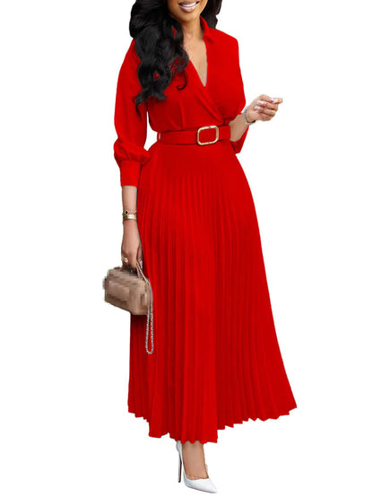 Women's V-Neck Midi Dress – Casual Loose Puff Sleeve Empire Waist Dress