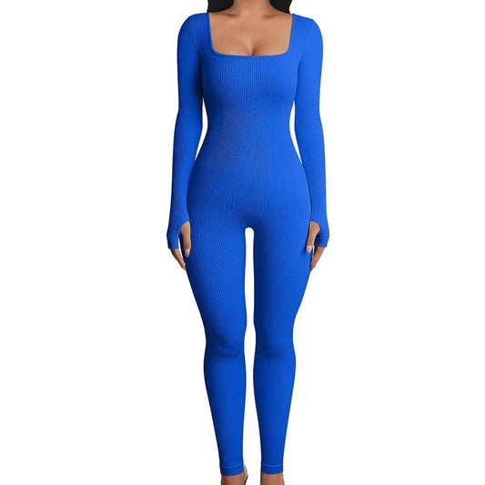 Women's Ribbed Skinny Jumpsuit – Square Neck, Hip-Lifting, All-Season