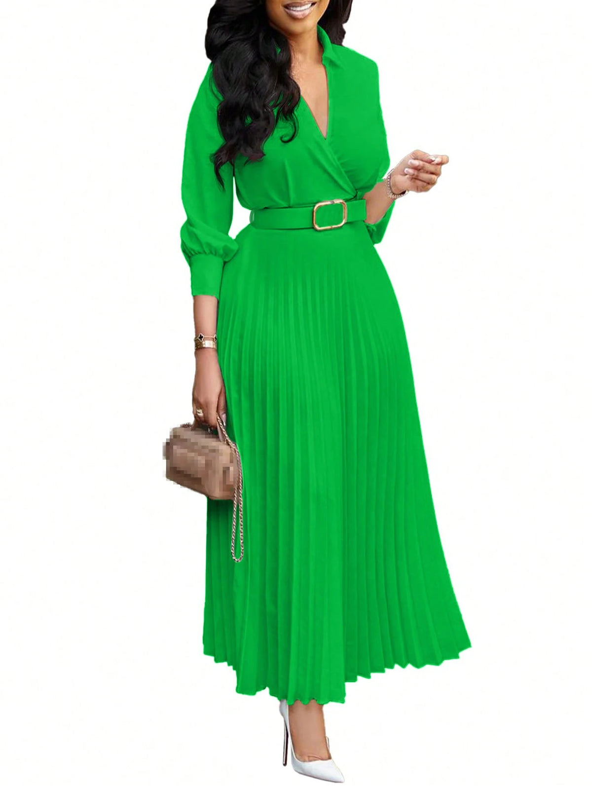 Women's V-Neck Midi Dress – Casual Loose Puff Sleeve Empire Waist Dress