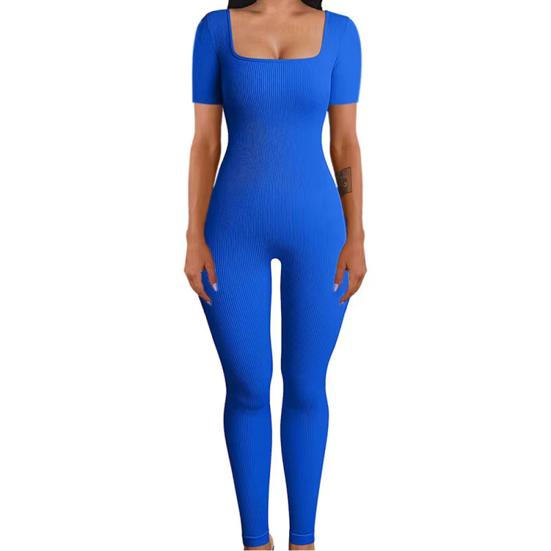 Women's Ribbed Skinny Jumpsuit – Square Neck, Hip-Lifting, All-Season