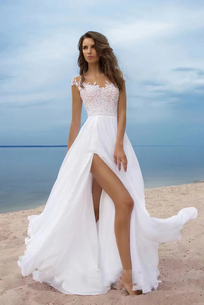 Women's Lace Chiffon Evening Dress – Off-Shoulder Slit Floor-Length Gown