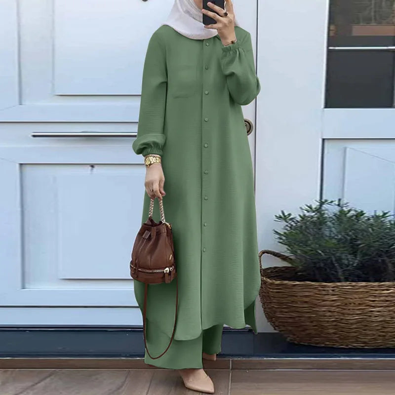 Women's Muslim Abaya Two-Piece Set – Long Sleeve Top & Wide Leg Pants