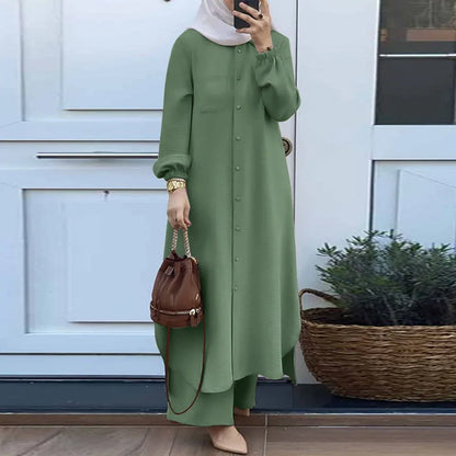 Women's Muslim Abaya Two-Piece Set – Long Sleeve Top & Wide Leg Pants