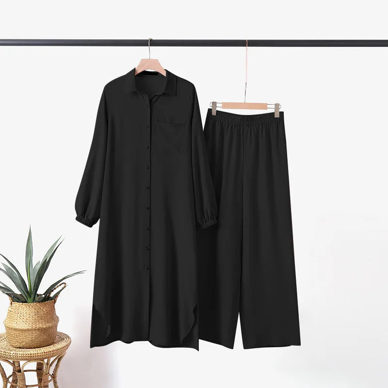 Women's Muslim Abaya Two-Piece Set – Long Sleeve Top & Wide Leg Pants
