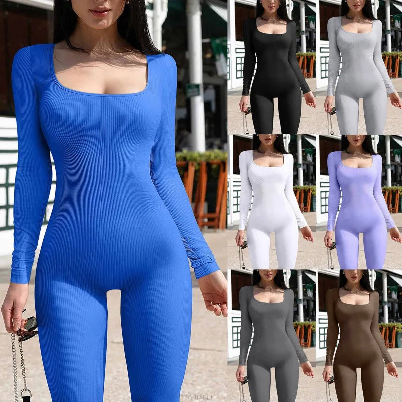 Women's Ribbed Skinny Jumpsuit – Square Neck, Hip-Lifting, All-Season