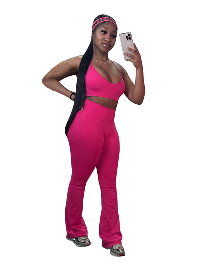 3Pc Solid Color Crop Top, High Waist Bootcut Sports Trousers and Long Sleeve Jacket