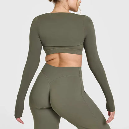Women's Long Sleeve Compression Crop Top – Lightweight Nylon Spandex Gym & Yoga Shirt