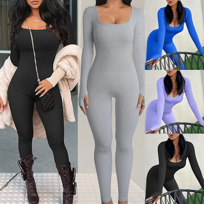 Women's Ribbed Skinny Jumpsuit – Square Neck, Hip-Lifting, All-Season