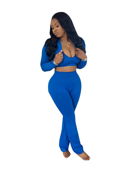 3Pc Solid Color Crop Top, High Waist Bootcut Sports Trousers and Long Sleeve Jacket