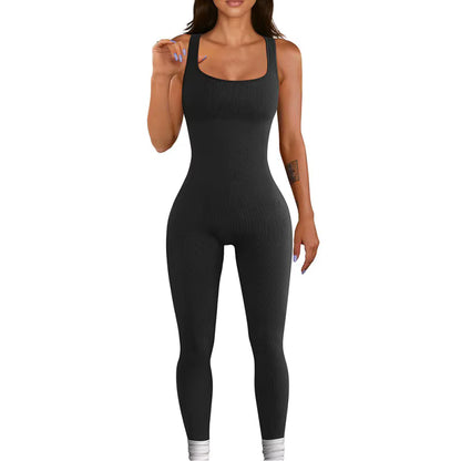 Women's Ribbed Skinny Jumpsuit – Square Neck, Hip-Lifting, All-Season