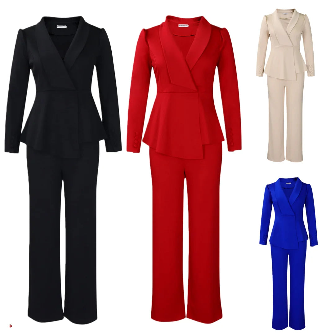 Women's Elegant V-Neck Ruffle Top & Wide Leg Pants Two-Piece Set