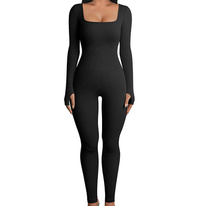 Women's Ribbed Skinny Jumpsuit – Square Neck, Hip-Lifting, All-Season