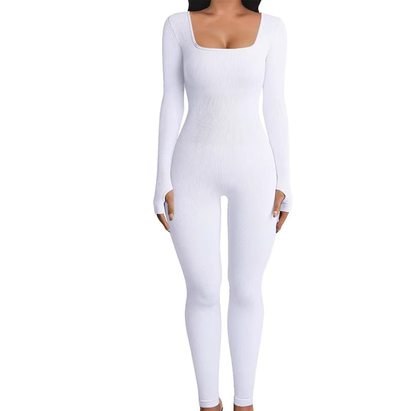 Women's Ribbed Skinny Jumpsuit – Square Neck, Hip-Lifting, All-Season