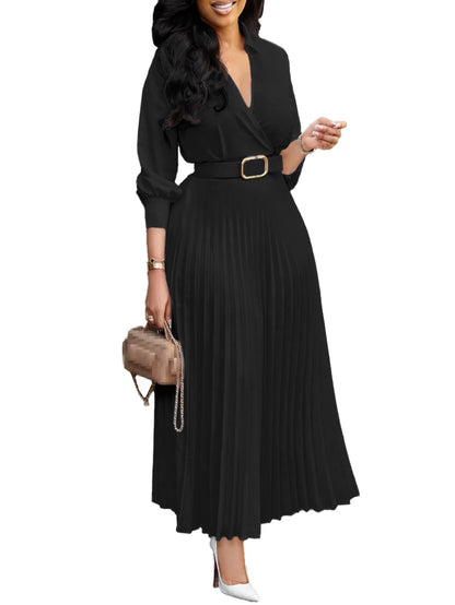 Women's V-Neck Midi Dress – Casual Loose Puff Sleeve Empire Waist Dress