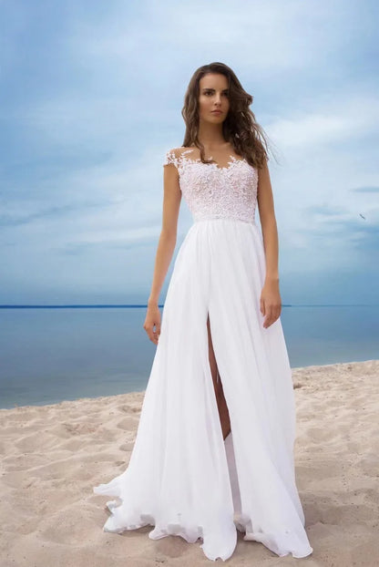 Women's Lace Chiffon Evening Dress – Off-Shoulder Slit Floor-Length Gown