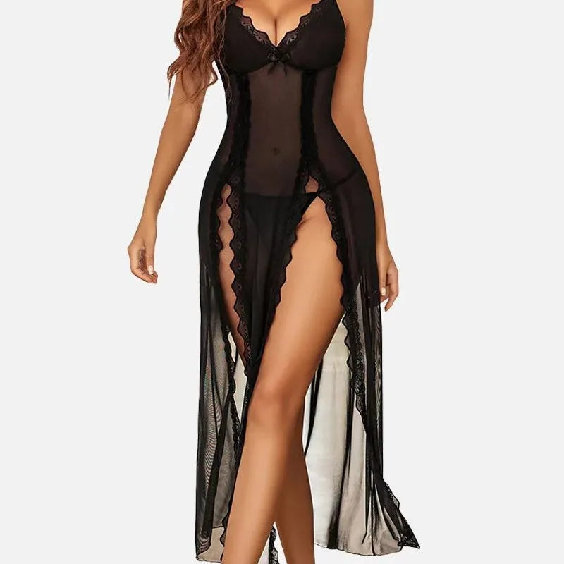 Women's Lace Mesh Nightgown & Thong Set – Spaghetti Strap Split Hem Lingerie Sleepwear