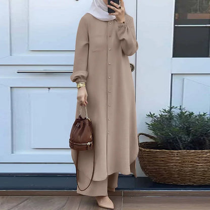 Women's Muslim Abaya Two-Piece Set – Long Sleeve Top & Wide Leg Pants