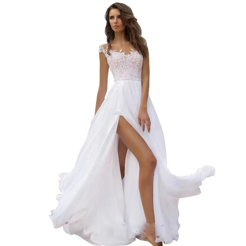 Women's Lace Chiffon Evening Dress – Off-Shoulder Slit Floor-Length Gown