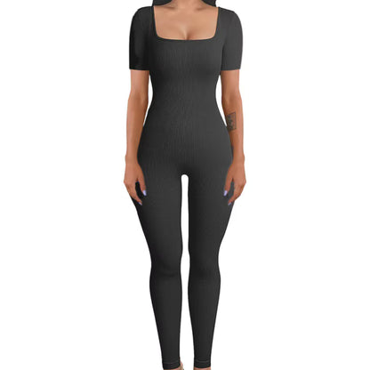 Women's Ribbed Skinny Jumpsuit – Square Neck, Hip-Lifting, All-Season