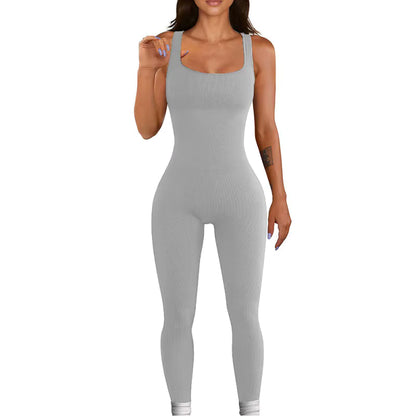 Women's Ribbed Skinny Jumpsuit – Square Neck, Hip-Lifting, All-Season