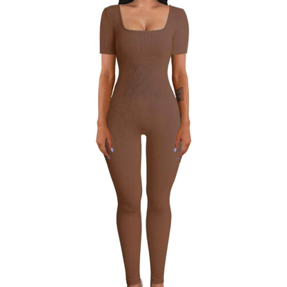 Women's Ribbed Skinny Jumpsuit – Square Neck, Hip-Lifting, All-Season
