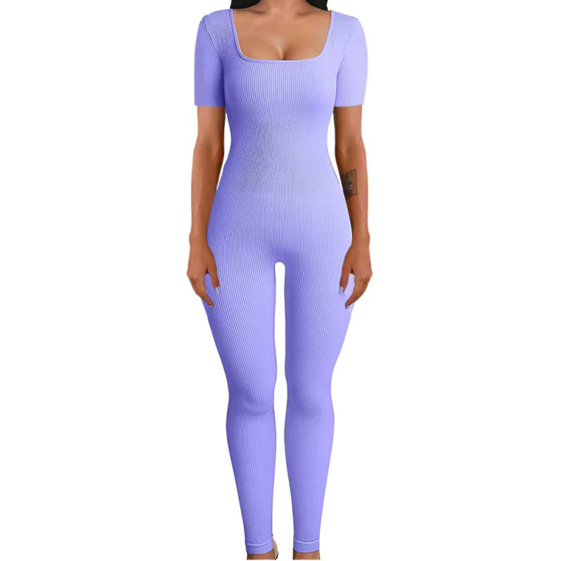 Women's Ribbed Skinny Jumpsuit – Square Neck, Hip-Lifting, All-Season