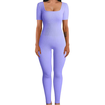 Women's Ribbed Skinny Jumpsuit – Square Neck, Hip-Lifting, All-Season