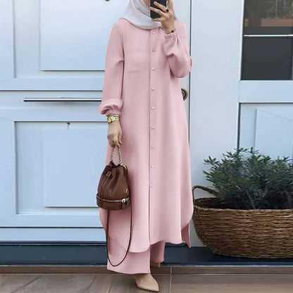 Women's Muslim Abaya Two-Piece Set – Long Sleeve Top & Wide Leg Pants