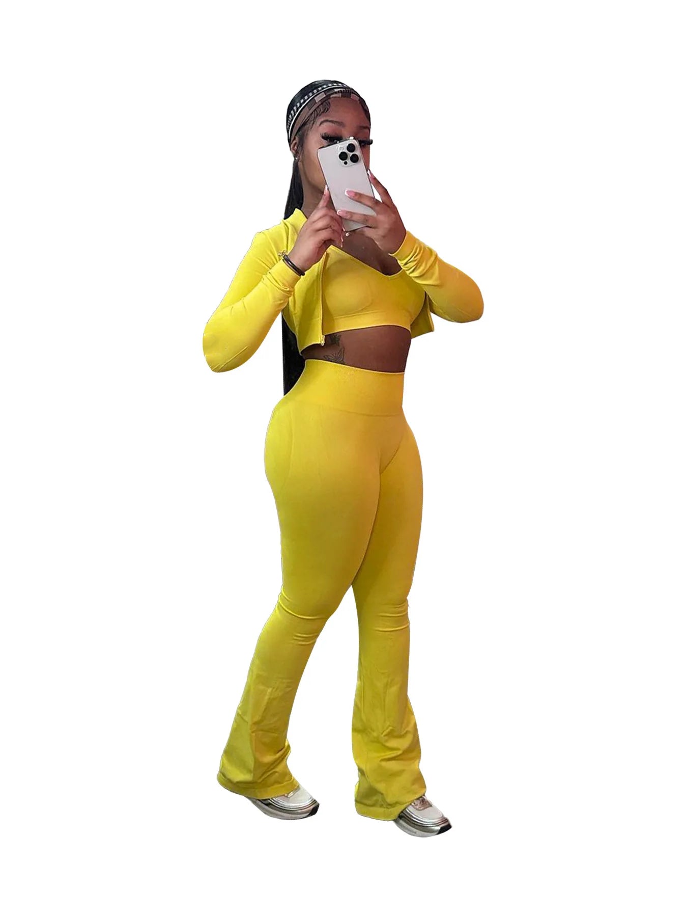 3Pc Solid Color Crop Top, High Waist Bootcut Sports Trousers and Long Sleeve Jacket