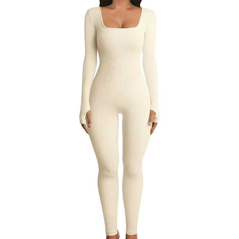 Women's Ribbed Skinny Jumpsuit – Square Neck, Hip-Lifting, All-Season