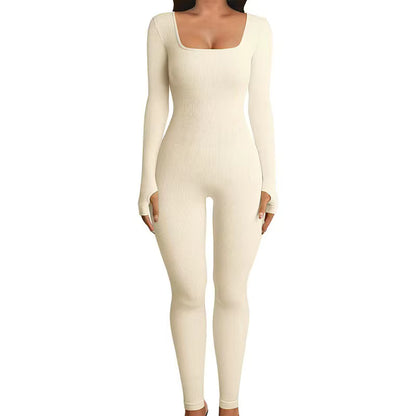 Women's Ribbed Skinny Jumpsuit – Square Neck, Hip-Lifting, All-Season