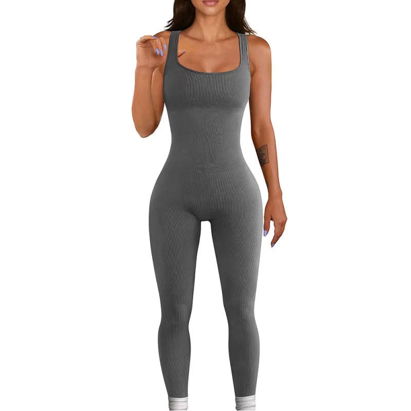 Women's Ribbed Skinny Jumpsuit – Square Neck, Hip-Lifting, All-Season