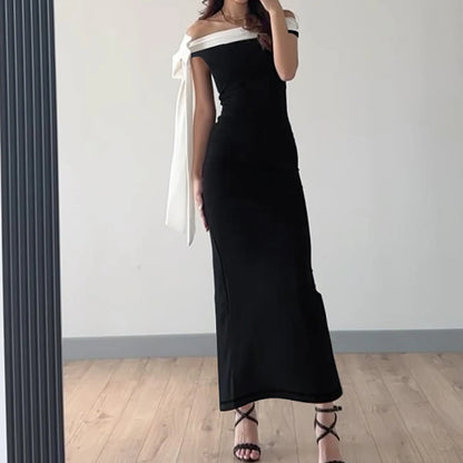 Women's Off-the-Shoulder Ribbon Tie Pencil Midi Dress – Sleeveless Solid Color Fitted Dress