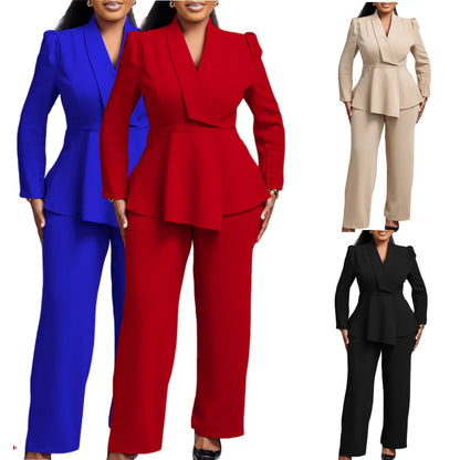 Women's Elegant V-Neck Ruffle Top & Wide Leg Pants Two-Piece Set