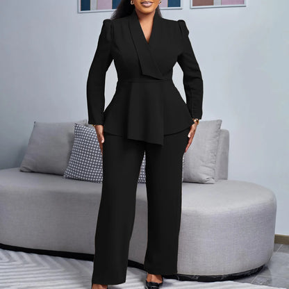 Women's Elegant V-Neck Ruffle Top & Wide Leg Pants Two-Piece Set