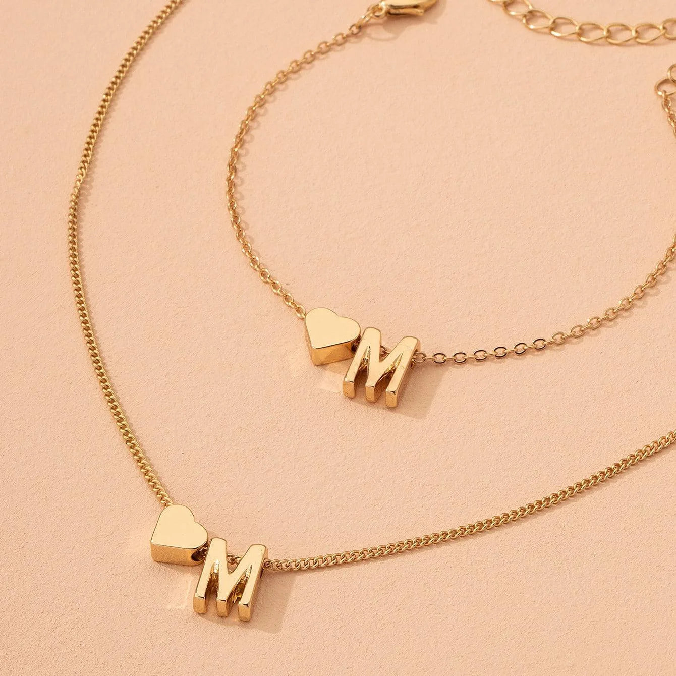Initial Heart Pendant Necklace & Bracelet