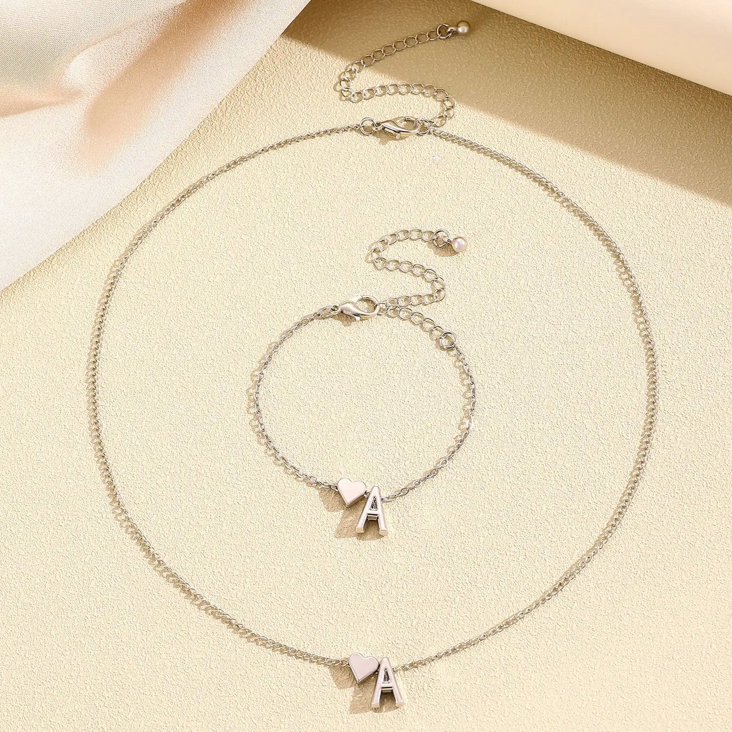 Initial Heart Pendant Necklace & Bracelet