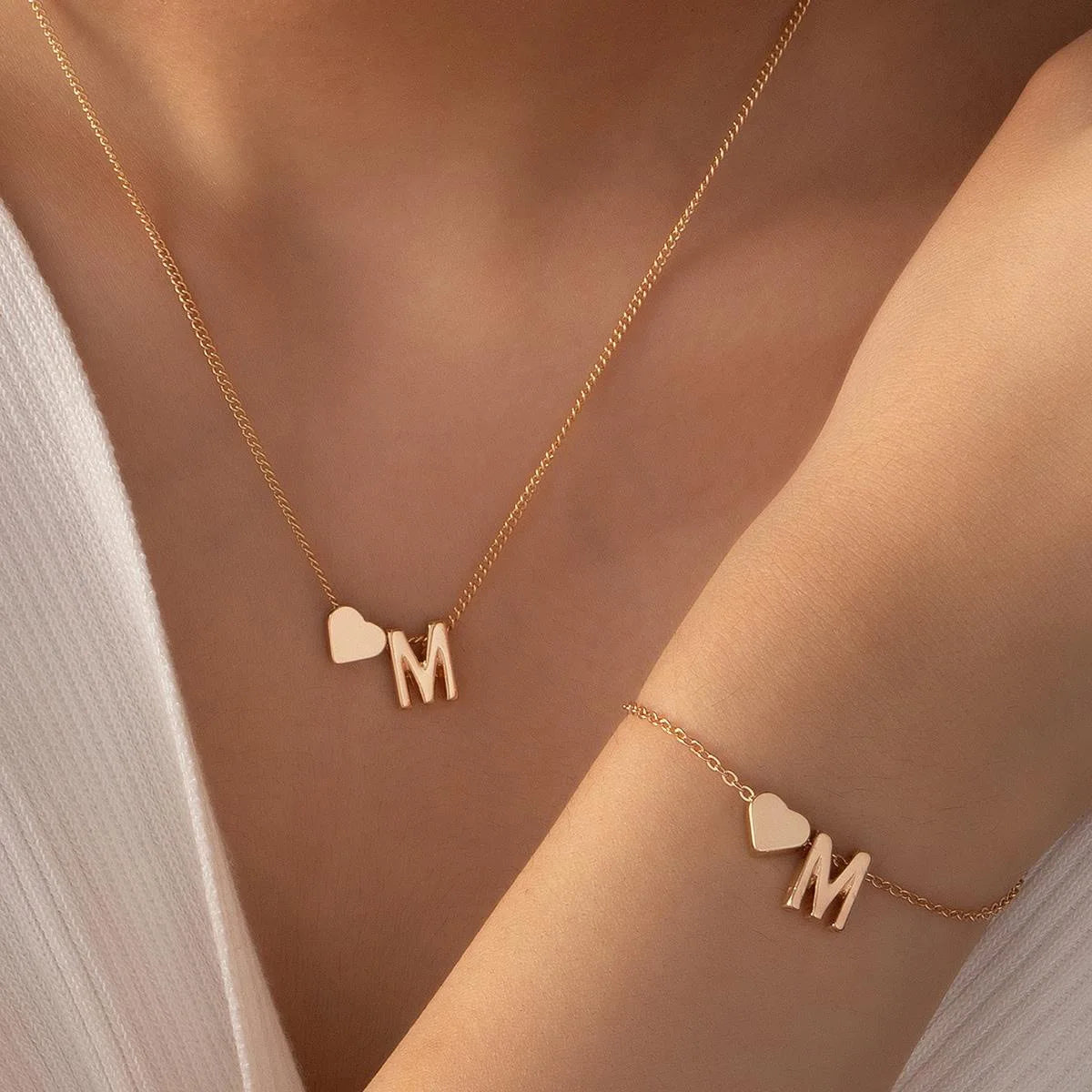Initial Heart Pendant Necklace & Bracelet
