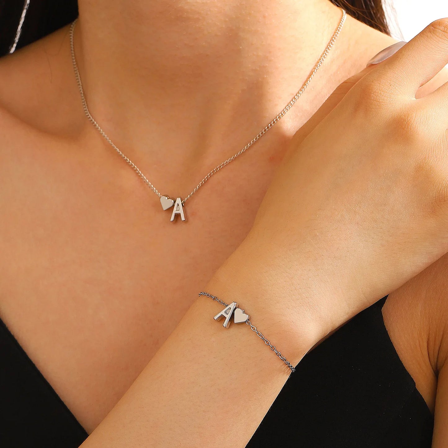 Initial Heart Pendant Necklace & Bracelet