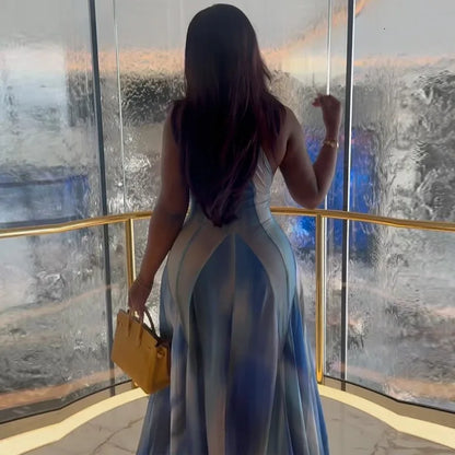 Blue & Gradient Sunset Waves Maxi Dress