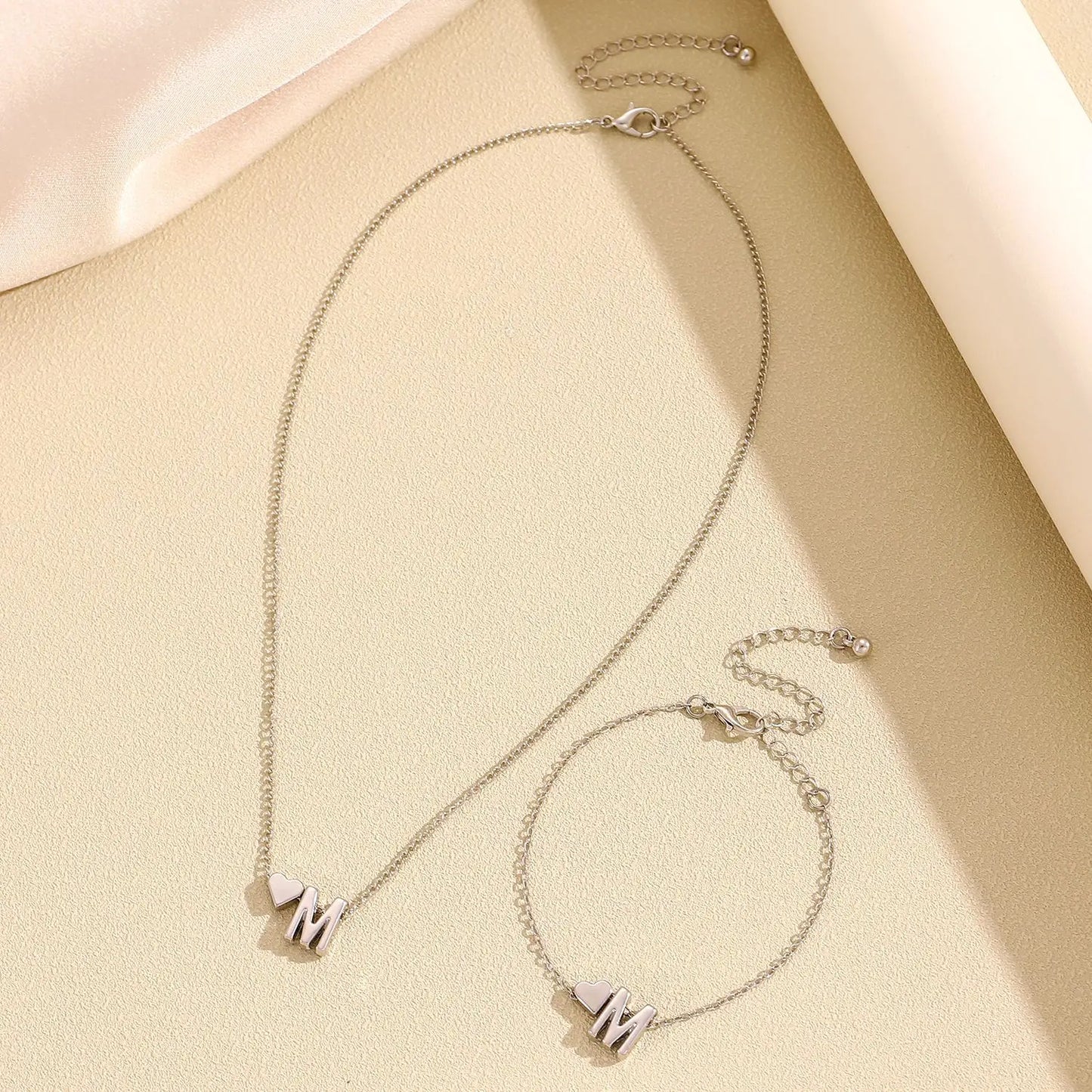 Initial Heart Pendant Necklace & Bracelet