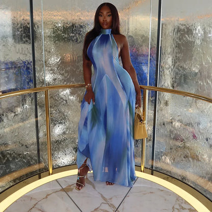 Blue & Gradient Sunset Waves Maxi Dress