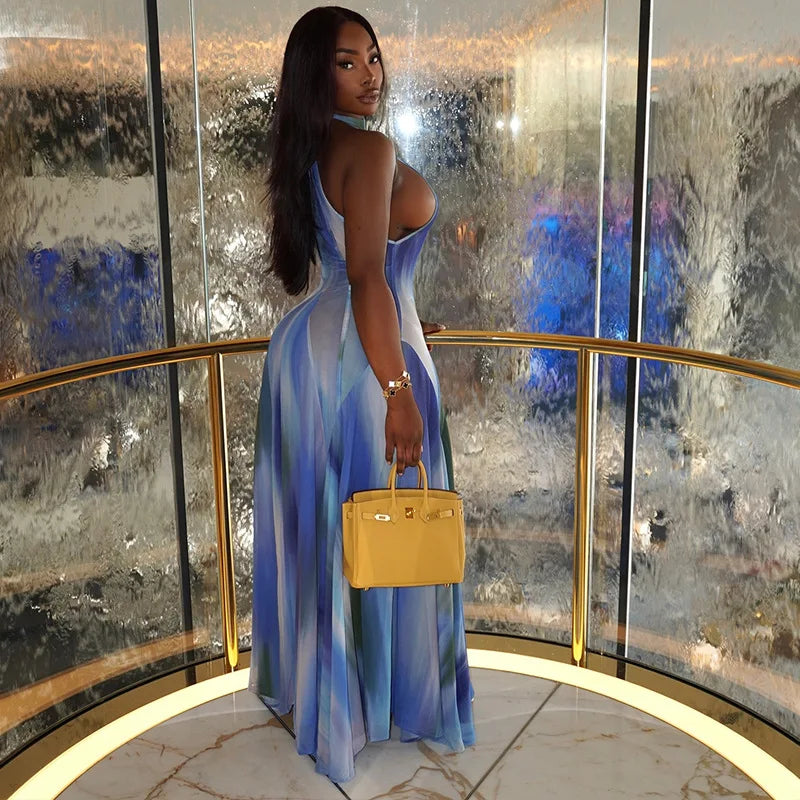 Blue & Gradient Sunset Waves Maxi Dress
