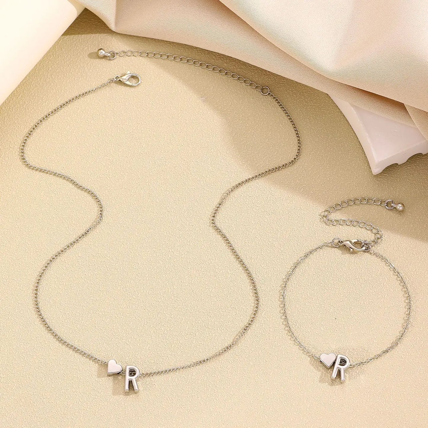 Initial Heart Pendant Necklace & Bracelet