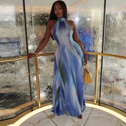 Blue & Gradient Sunset Waves Maxi Dress