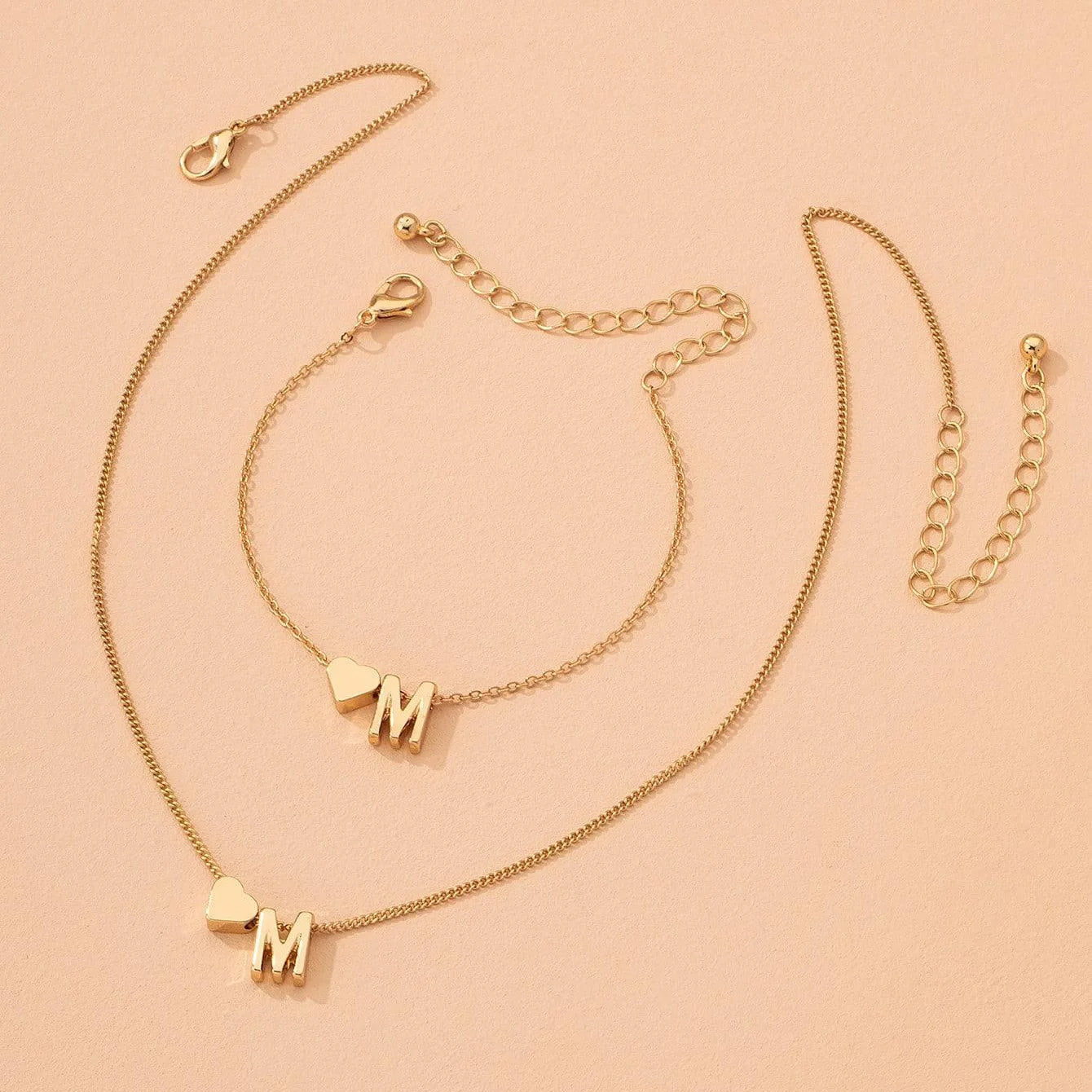 Initial Heart Pendant Necklace & Bracelet